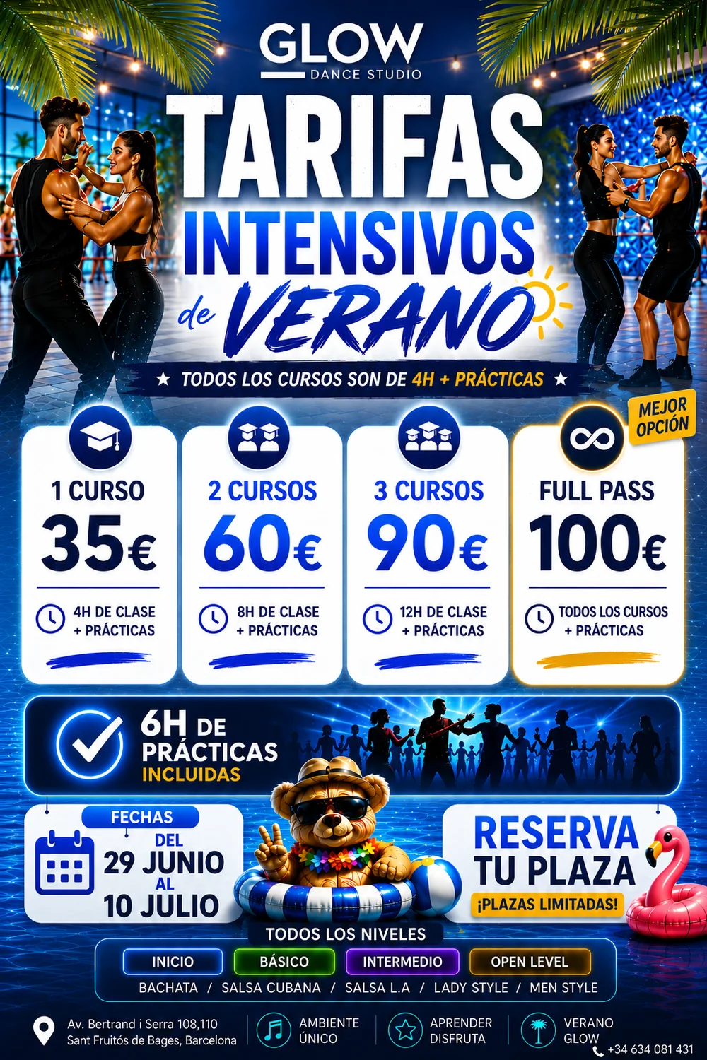 Cartel de tarifas de los intensivos de verano Glow Dance Studio